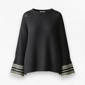 Chico’s Black White Stripe Open Knit Bell Sleeve Sweater Pullover Size Medium